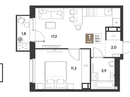 Продается 1-комнатная квартира ЖК ГРЕЙД, литер 14, 36.2  м&sup2;, 7344980 рублей