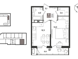 Продается 1-комнатная квартира ЖК Рекорд 2, литера 1, 44.6  м&sup2;, 11957260 рублей