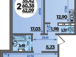 Продается 2-комнатная квартира ЖК Молодежный 2, литера 6, 62.09  м&sup2;, 7878565 рублей