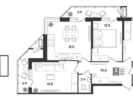 Продается 3-комнатная квартира ЖК Рекорд 2, литера 1, 88.8  м&sup2;, 17609040 рублей