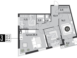 Продается 3-комнатная квартира ЖК Парк Победы 2, литера 6, 89.6  м&sup2;, 14658560 рублей