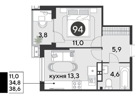 Продается 1-комнатная квартира ЖК Парк Победы 2, литера 6, 38.6  м&sup2;, 7878260 рублей