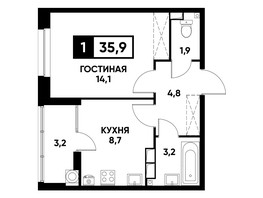 Продается 1-комнатная квартира ЖК Кварталы 17/77, литер 20.4, 35.9  м², 4020800 рублей