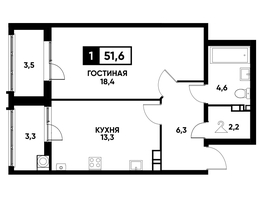 Продается 1-комнатная квартира ЖК Кварталы 17/77, литер 4.2, 51.6  м², 4674960 рублей