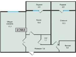 Продается 2-комнатная квартира ЖК Кислород, 1 очередь, 58.6 м², 6270200 рублей