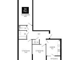 Продается 3-комнатная квартира ЖК Первый, 101.1, 75.1  м², 6008000 рублей