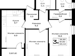 Продается 3-комнатная квартира ЖК Придонье, литер 3.3, 63.4  м&sup2;, 6974000 рублей