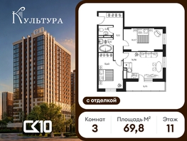 Продается 3-комнатная квартира ЖК Культура, дом 1, 68.4  м&sup2;, 15420000 рублей