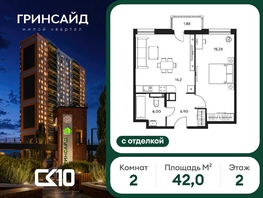 Продается 2-комнатная квартира ЖК Гринсайд, 6.1-6.4, 41.98  м&sup2;, 9760000 рублей