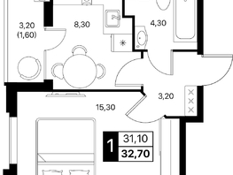 Продается 1-комнатная квартира ЖК Эстет, литер 48.2, 32.7  м&sup2;, 5305902 рублей