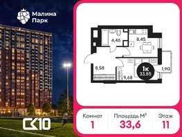 Продается 1-комнатная квартира ЖК Малина Парк, дом 2, 33.13  м&sup2;, 4310000 рублей