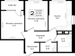 Продается 2-комнатная квартира ЖК Придонье, литер 3.2, 53.1  м&sup2;, 6478200 рублей
