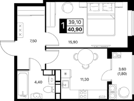 Продается 1-комнатная квартира ЖК Эстет, литер 48.1, 40.9  м&sup2;, 6955454 рублей