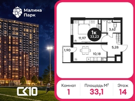 Продается 1-комнатная квартира ЖК Малина Парк, 2 очередь, 33.11  м&sup2;, 3980000 рублей