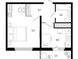 Продается 1-комнатная квартира ЖК 5 элемент Аске, лит 5-11 стр.1, сек.1,2,3,4, 34.9  м&sup2;, 5767609 рублей