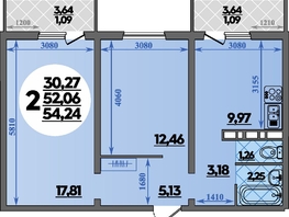 Продается 2-комнатная квартира ЖК Платовский, литер 14, 54.24  м&sup2;, 7387488 рублей