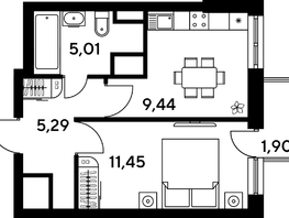 Продается 1-комнатная квартира ЖК Малина Парк, дом 4, 33.73  м², 4670000 рублей