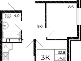 Продается 3-комнатная квартира ЖК Флора, литера 3.1, 56.4 м², 9193200 рублей