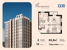 Продается 2-комнатная квартира ЖК Культура, дом 2, 52.75  м&sup2;, 9360000 рублей