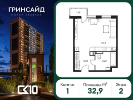 Продается Студия ЖК Гринсайд, 5.1-5.5, 32.9  м&sup2;, 6710000 рублей