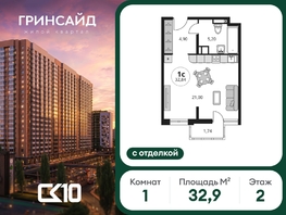 Продается Студия ЖК Гринсайд, 5.1-5.5, 32.94  м&sup2;, 7380000 рублей