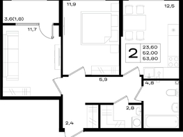 Продается 2-комнатная квартира ЖК Придонье, литер 3.1, 53.8  м&sup2;, 7101600 рублей
