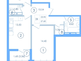 Продается 2-комнатная квартира ЖК Мойнако Ривьера, 1 очередь, 56.8  м&sup2;, 14009436 рублей